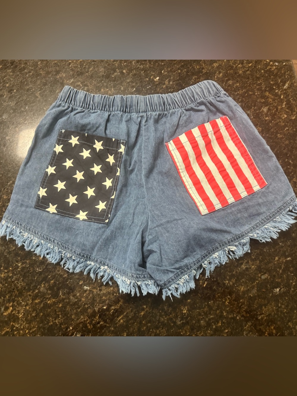 Denim Fringe Women's Shorts with Stars & Stripes Patch Pockets